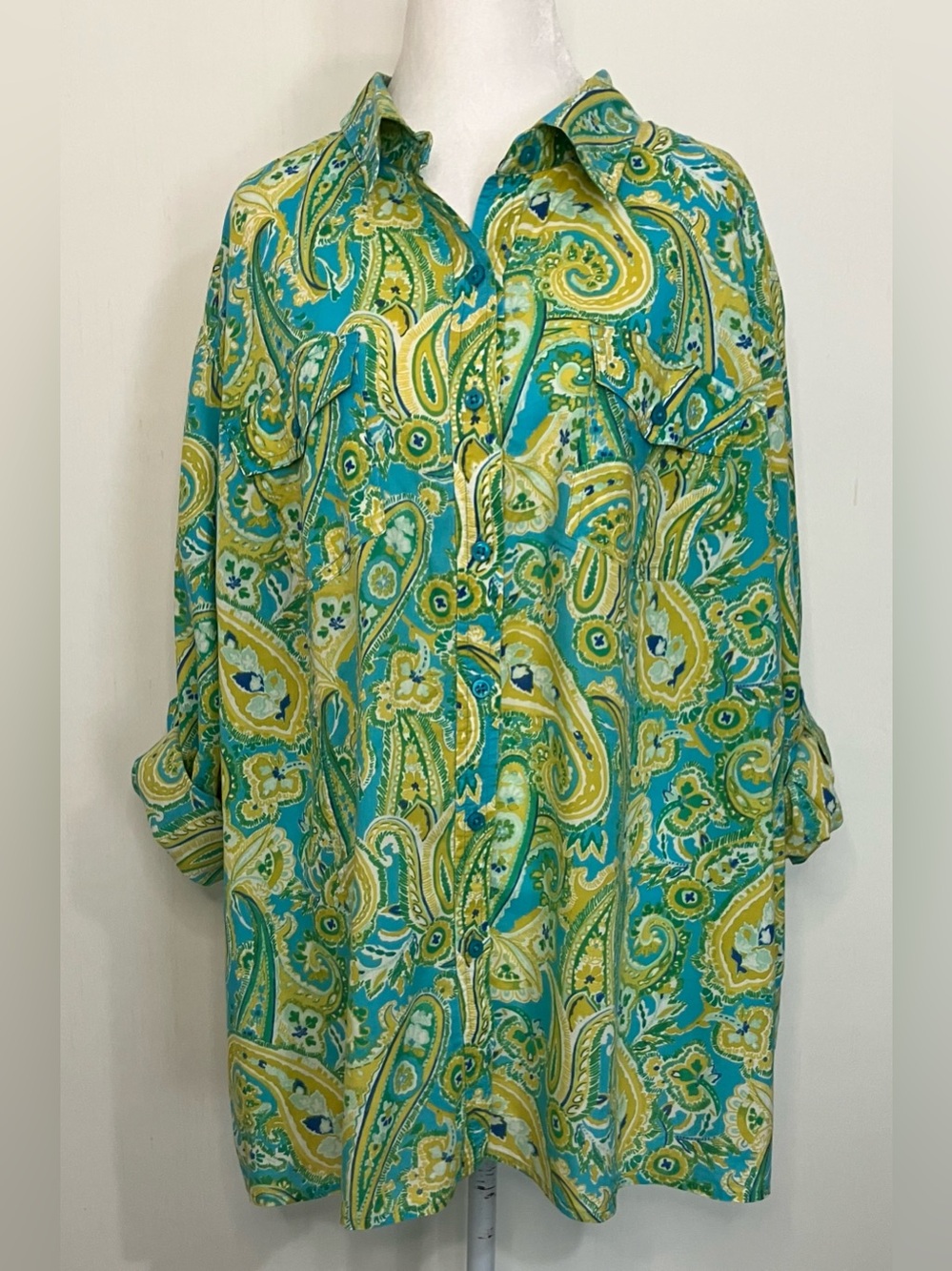 Jones New York Top 3X Blue Green Button Down Paisley Preppy Office Cotton - Picture 2 of 10